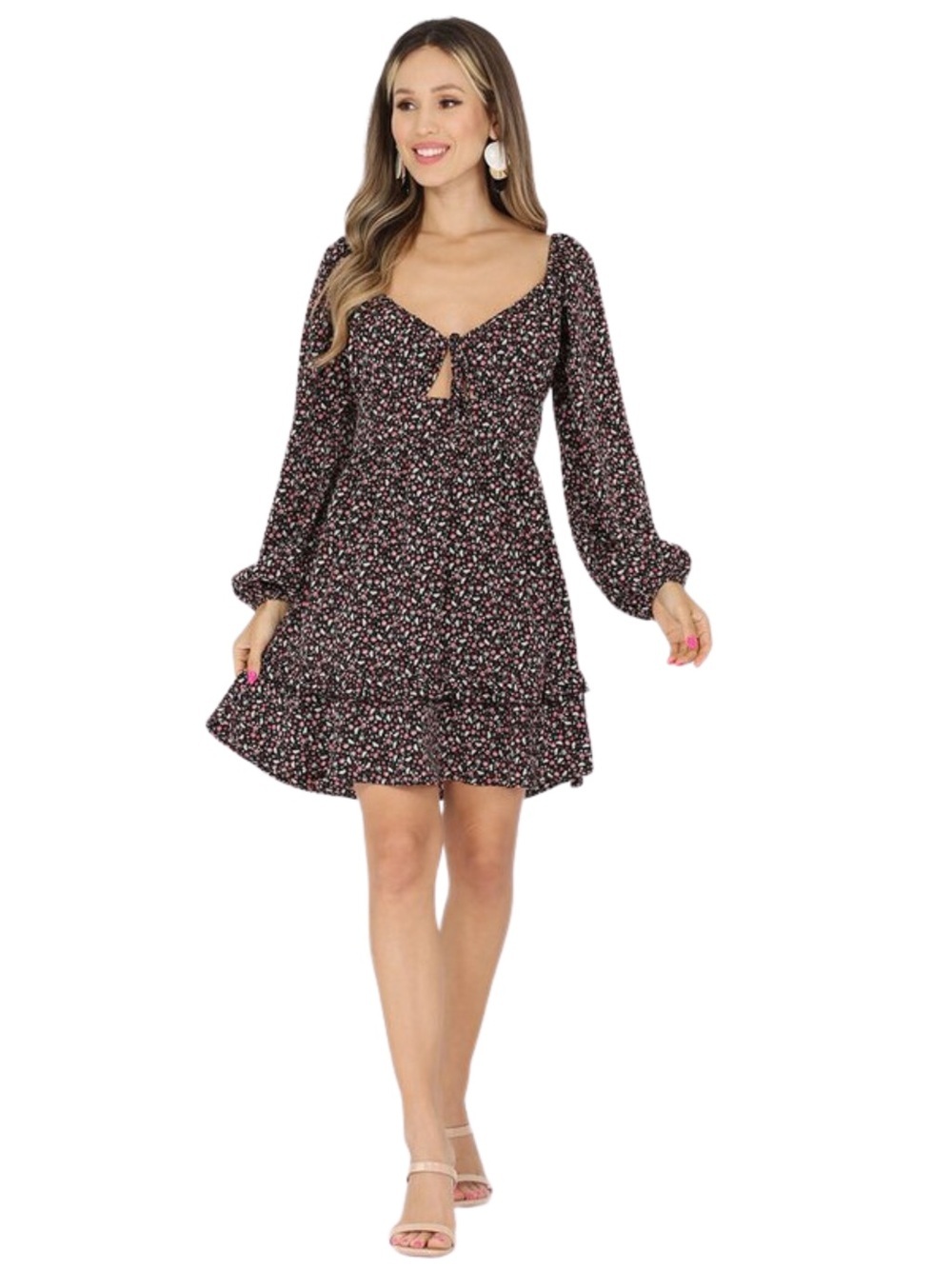 Triple 7 Black Long-Sleeve Tie-Front Mini Dress with Pink Floral NWOT